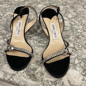 Jimmy Choo Black Satin Rhinestone Slingback Heel 36 1/2. Missing one rhinestone